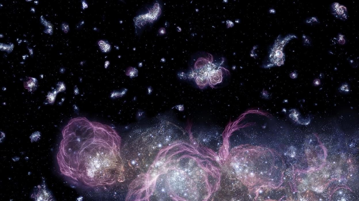 La ilustración muestra una representación del Universo Primitivo, con las galaxias aún en plena formación