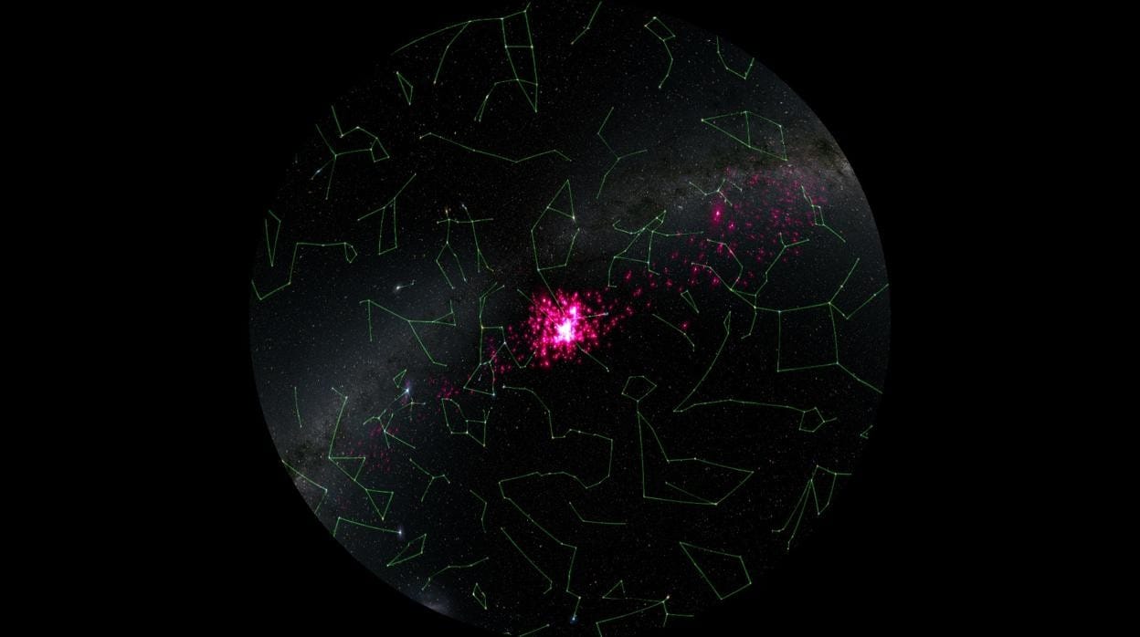 La verdadera extensión de las colas de marea de las Híades, revelada por la misión Gaia de la ESA. Las estrellas están marcadas en rosa y las formas de las distintas constelaciones están trazadas en verde