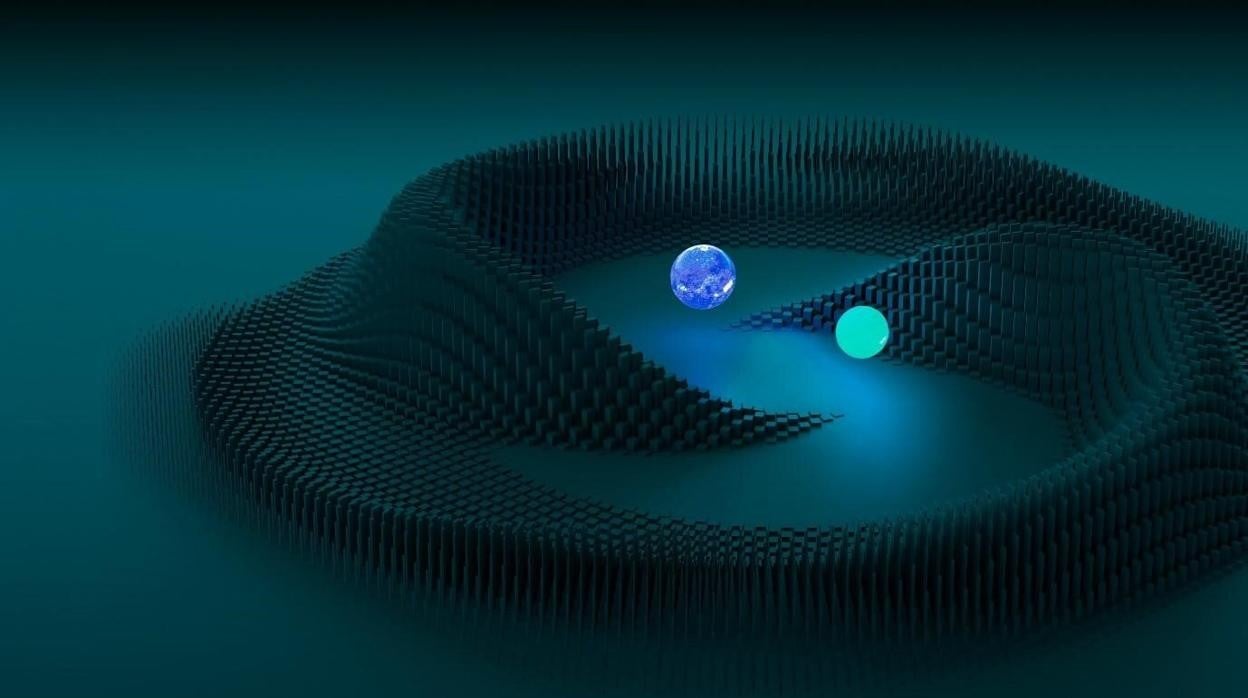 La ilustración muestra cómo dos estrellas de neutrones se orbitan mutuamente antes de colisionar