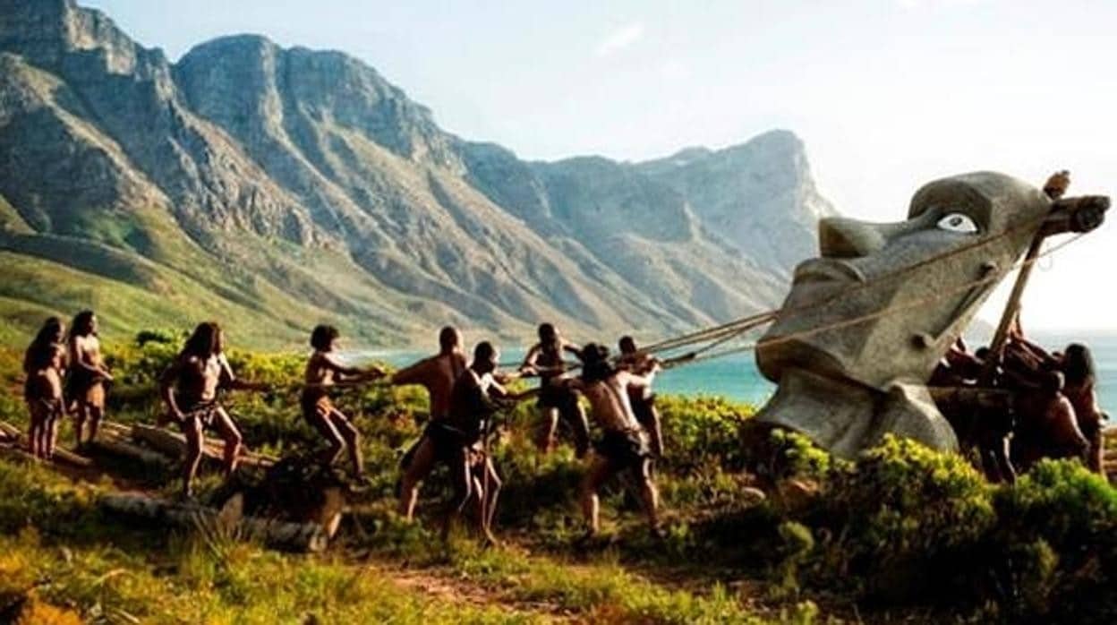 Recreación del levantamiento de los moais de la isla de Pascua en la serie 'La Humanidad'