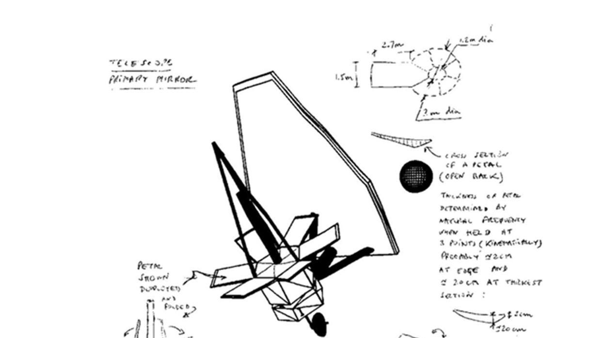 Boceto del telescopio espacial James Webb, de la NASA, en una servilleta