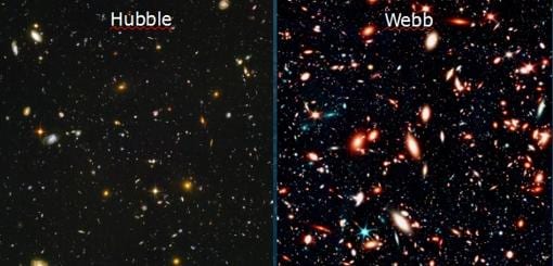 Otro ejemplo de cómo se vería la icónica imagen del espacio profundo del Hubble (izda.) y cómo la observaría el telescopio Webb (dcha.)