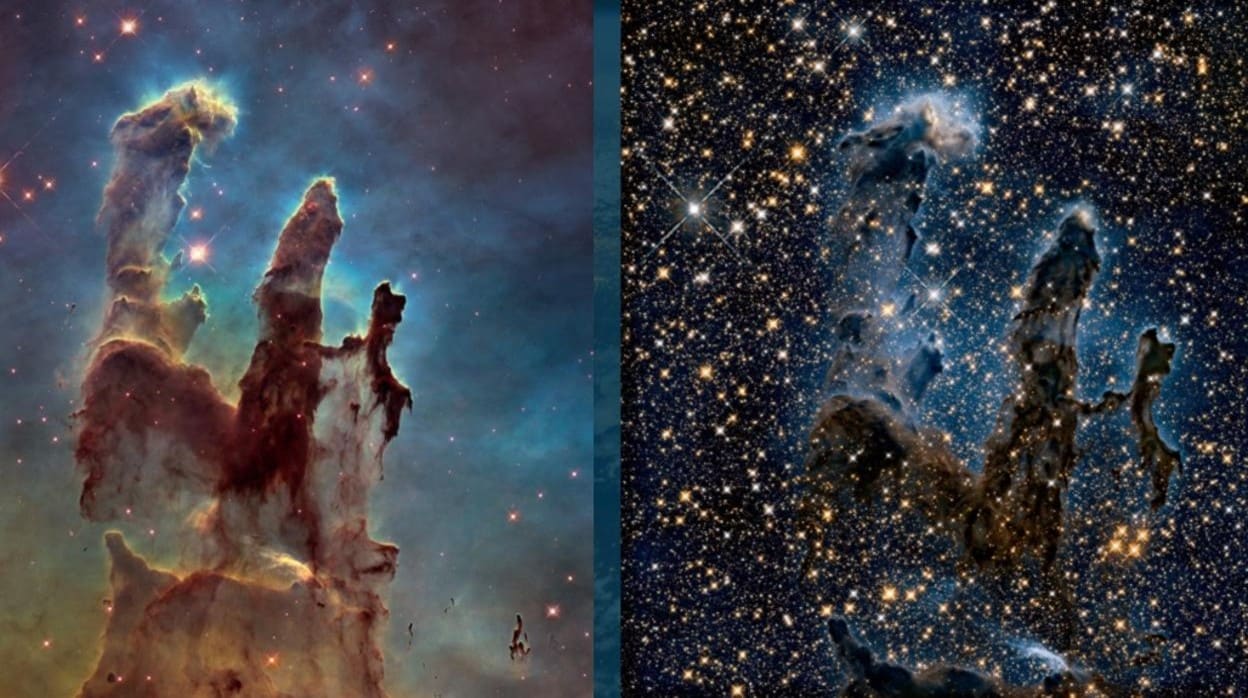 A la izquierda, los 'Pilares de la creación' captados por el telescopio Hubble. A la derecha, cómo verá la misma imagen el telescopio James Webb
