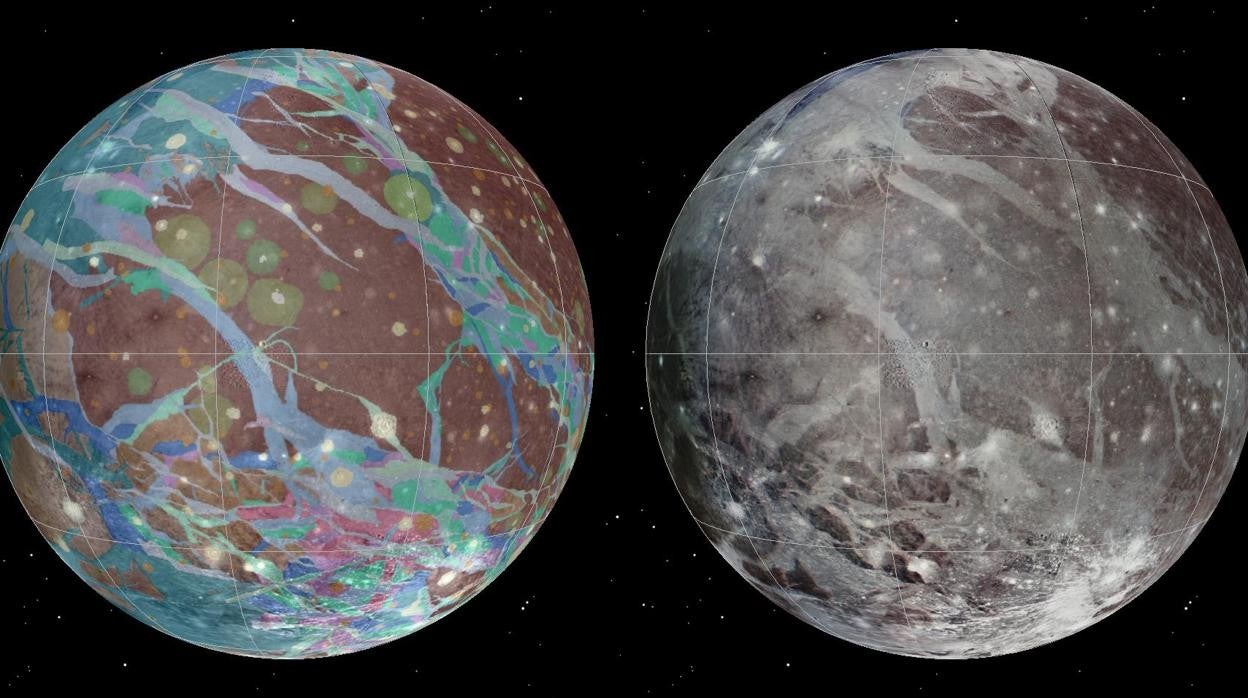 De izquierda a derecha: el mosaico y los mapas geológicos de la luna de Júpiter, Ganímedes, se ensamblaron incorporando las mejores imágenes disponibles de las naves espaciales Voyager 1 y 2 de la NASA y la nave espacial Galileo de la NASA