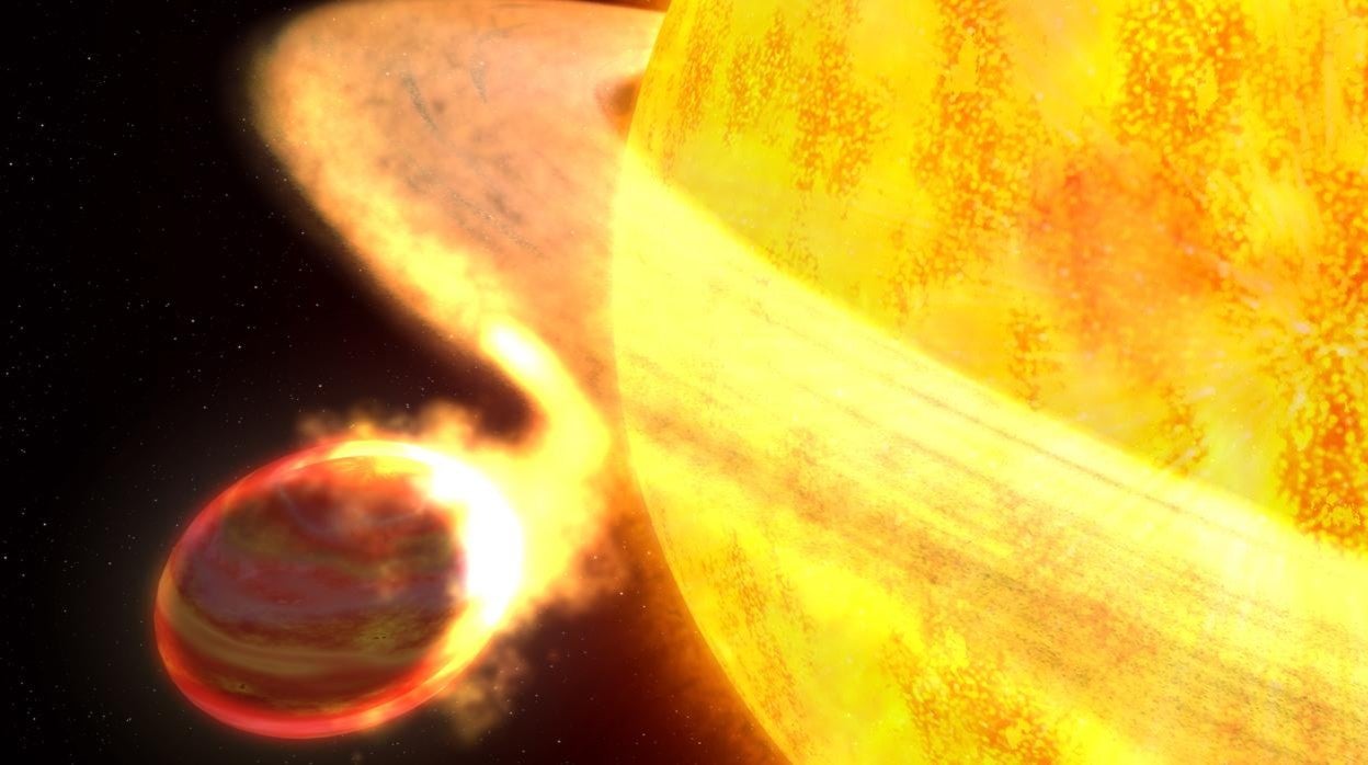 La ilustración muestra cómo una estrella similar al Sol devora a uno de los mundos que le rodean