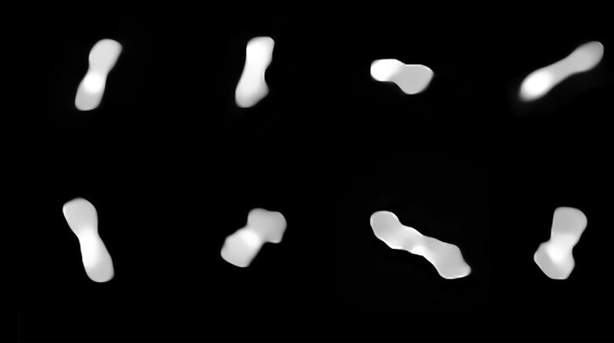 Once imágenes del asteroide Kleopatra, vistas desde diferentes ángulos mientras gira