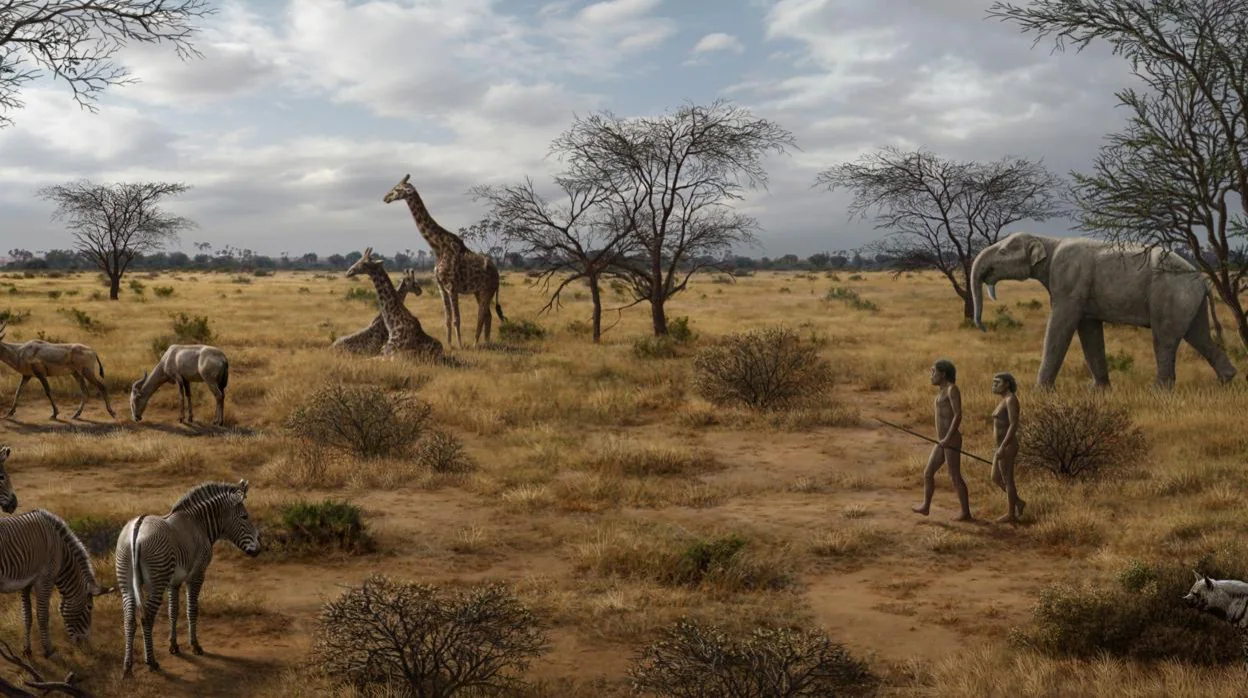 Homo erectus en África oriental rodeado de fauna contemporánea