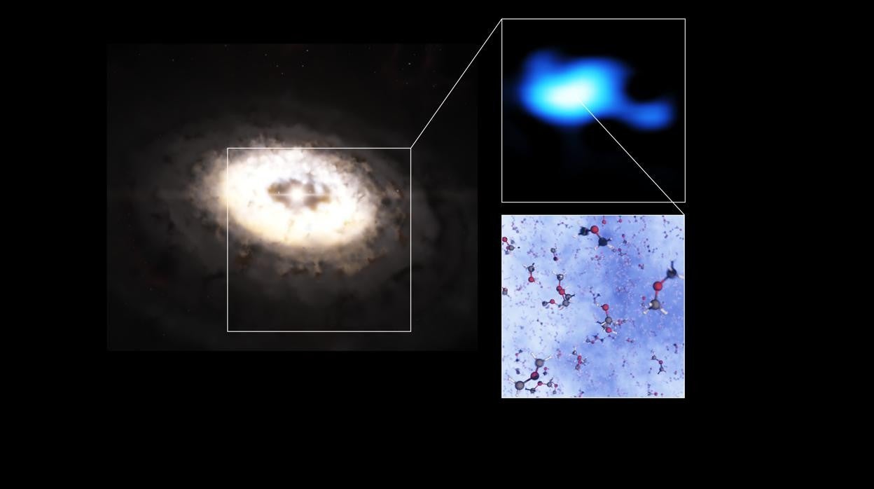 En la imagen, un disco protoplanetario rodea a la joven estrella IRS 48. En su parte sur, en forma de anacardo, el disco atrapa granos de polvo de tamaño milimétrico que pueden unirse y formar objetos mayores, incluso planetas. Fue allí donde se detectaron las moléculas de éter dimetílico
