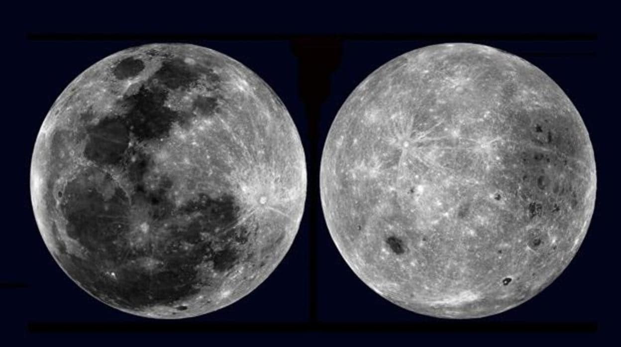 Imagen de las dos caras de la Luna: a la izquierda la visible desde la Tierra; a la derecha la que se oculta a nuestros ojos