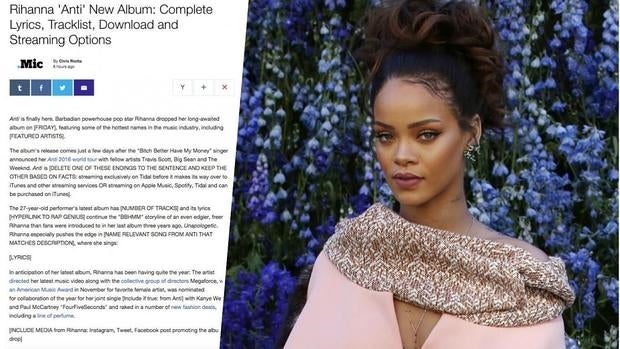 Yahoo critica el nuevo disco de Rihanna antes de oírlo