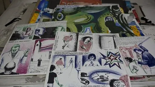 Detalle de los dibujos para cómics de Lacalle
