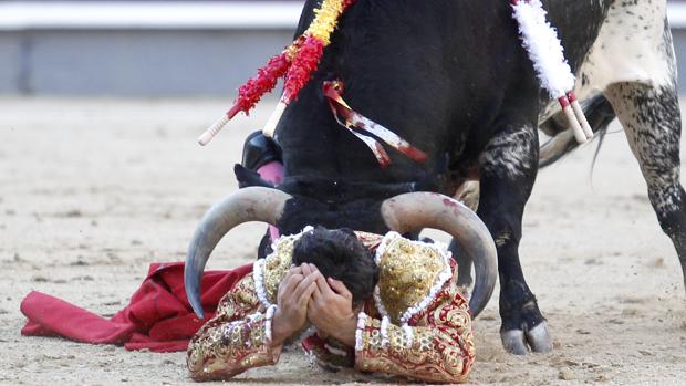 Luis Manuel Terrón, a merced del quinto novillo, se tapa la cabeza con las manos