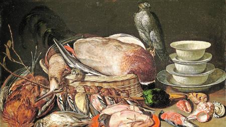 «Bodegon con gavilán, aves, porcelana y conchas» (1611)