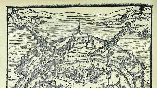 Detalle de la isla de Utopía en un grabado de la edición original de la obra de Tomás Moro (1516)