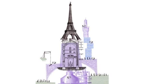 Detalle de la construcción de la torre de Babel. Ilustración de Serge Bloch incluida en «Biblia» (Sexto Piso)