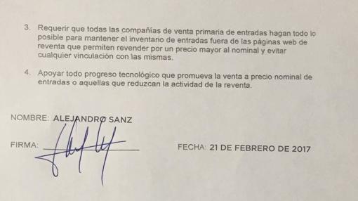 La firma de Alejandro Sanz en el manifiesto de la Alianza