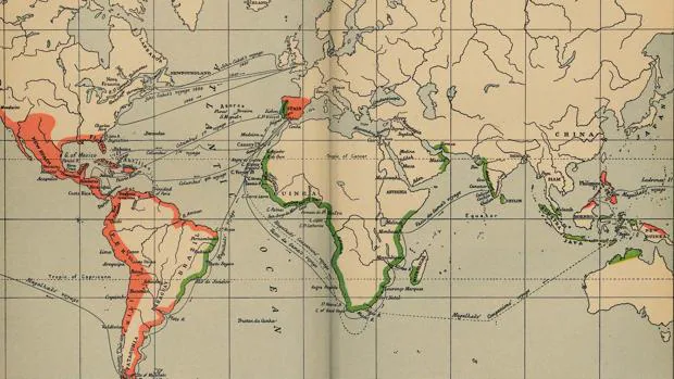 Mapa con los imperios español y portugués en la Edad Moderna
