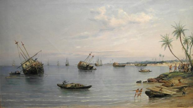 Hernán Cortés ordena dar al través sus navíos (1519), cuadro de Rafael Monleón y Torres, 1887.