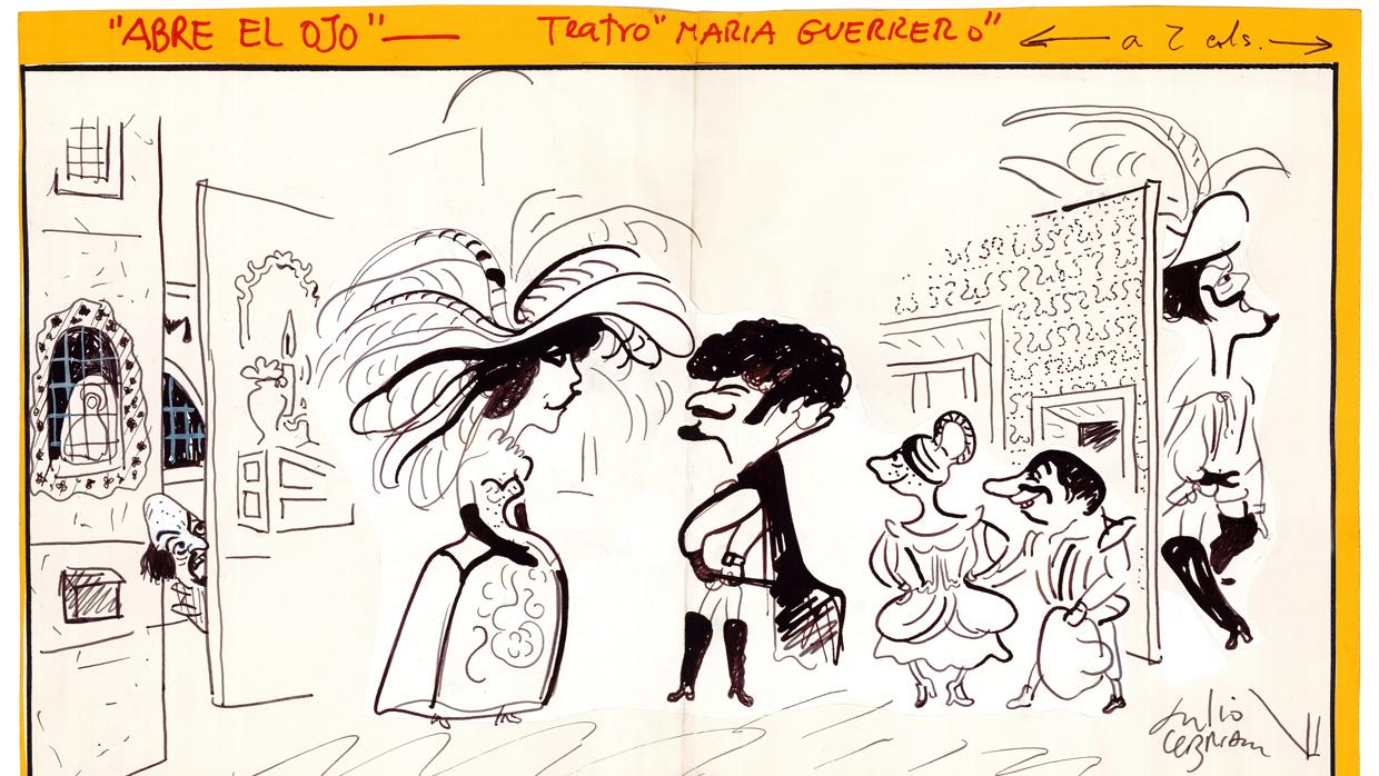 Ilustración de Cebrián de la Colección ABC: caricatura para la crítica teatral de «Abre el ojo»