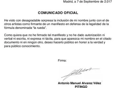 Pitingo denuncia que el manifiesto a favor de la «rueda» incluyó su nombre sin su permiso