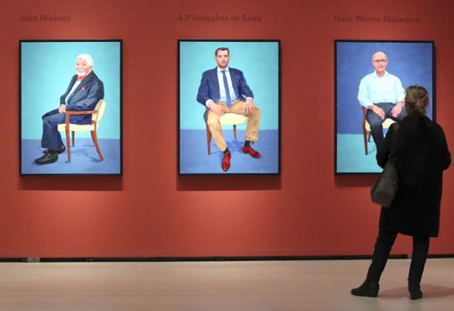 Tres de los retratos de Hockney. De izquierda a derecha, su hermano John, Jean-Pierre Gonçalves de Lima y Hans Werner Holzwarth