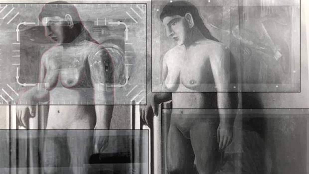 Montaje de las radiografías que muestran los fragmentos del «La pose encantada» en cuatro obras posteriores de Magritte