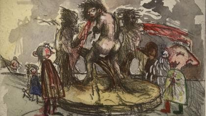 Una mujer visita la exposición «Desastres de a guerra. Jake&amp;Dinos Chapman en torno a Goya» en Zaragoza