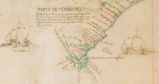 Mapa de Alonso de Chaves, con las naves y el Estrecho descubierto
