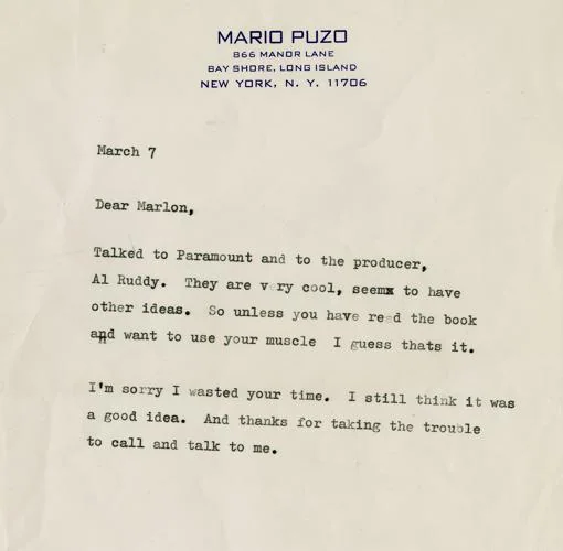 Carta enviada por el escritor estadounidense Mario Puzo al actor Marlon Brando
