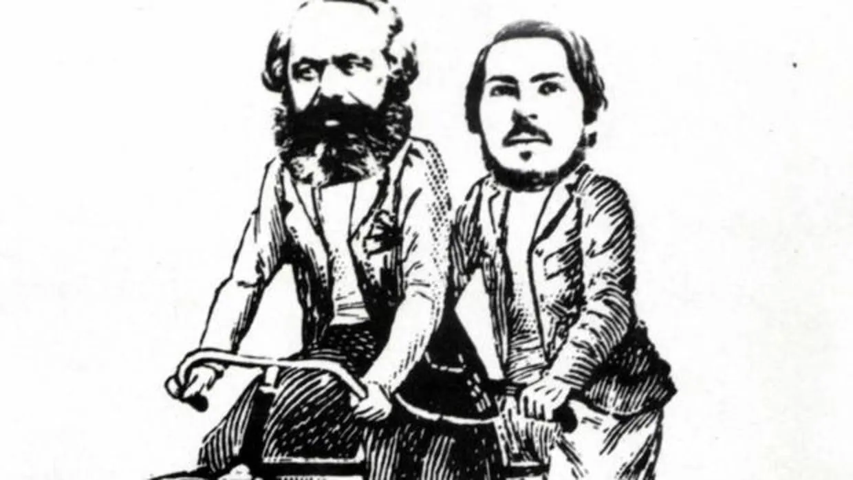Caricatura de Marx y Engels sobre un tándem