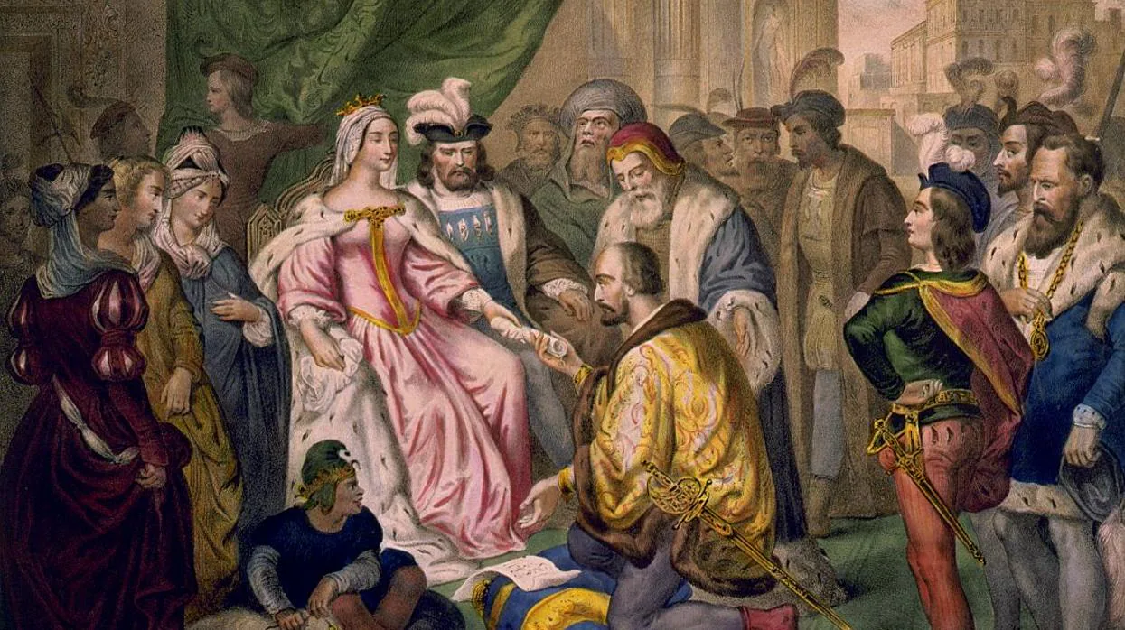 Cristóbal Colón ante los Reyes Católicos en la corte de Barcelona (V. Turgis, siglo XIX)