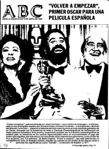 El 13 de abril de 1983, ABC celebraba en su portada el primer Oscar para una película española. Garci hacía historia con «Volver a empezar» y lo celebraba junto con Encarna Paso y Antonio Ferrandis.
