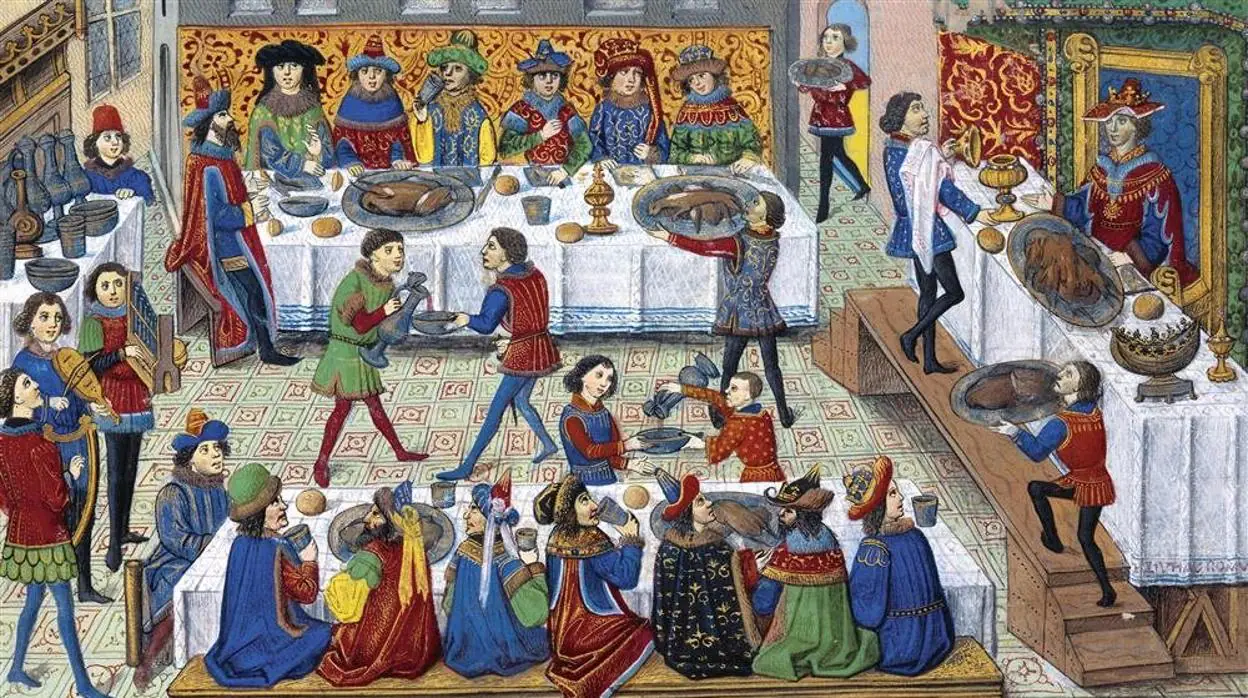 Escena de un banquete en «La verdadera historia de Alejandro Magno», del siglo XV