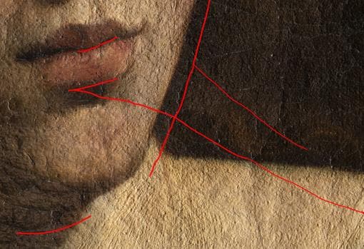 Marcadas en rojo, las incisiones que hizo Caravaggio en esta parte del cuadro antes de empezar a ejecutarlo