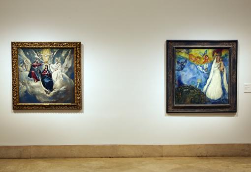 A la izquierda, «La Coronación de la Virgen» del Greco (Museo del Prado). A la derecha, «Virgen de la Aldea», de Marc Chagall (Museo Thyssen)