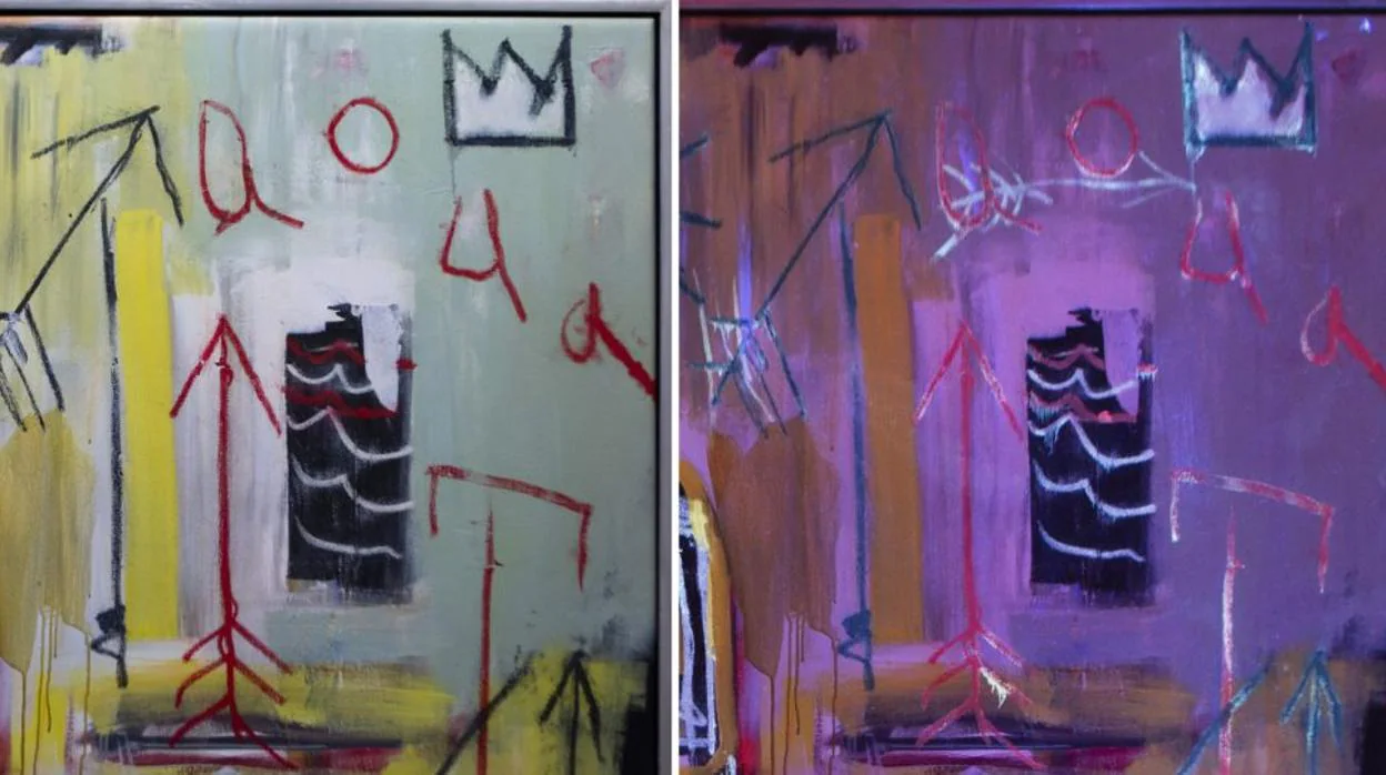 A la derecha, el cuadro de Baquiat visto con luz ultravioleta