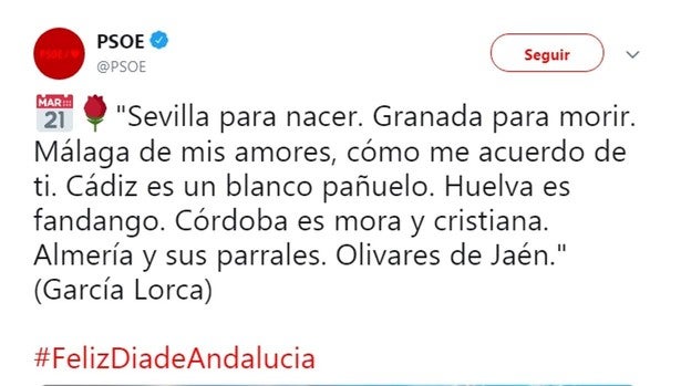 El PSOE atribuye erróneamente una cita a Lorca para felicitar el Día de Andalucía