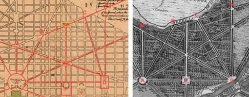 Similitudes entre las avenidas y los puntos focales de los planos: (a) Plano de L’Enfant para Washington, DC (1791); (b) Plano del Real Sitio de Aranjuez
