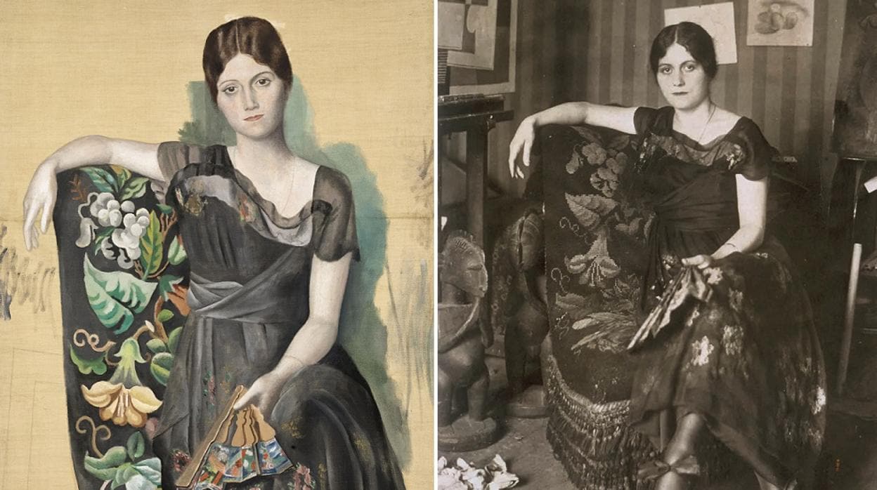 «Retrato de Olga en un sillón», lienzo de 1918. A su derecha, fotografía de Émile Delétang del mismo año