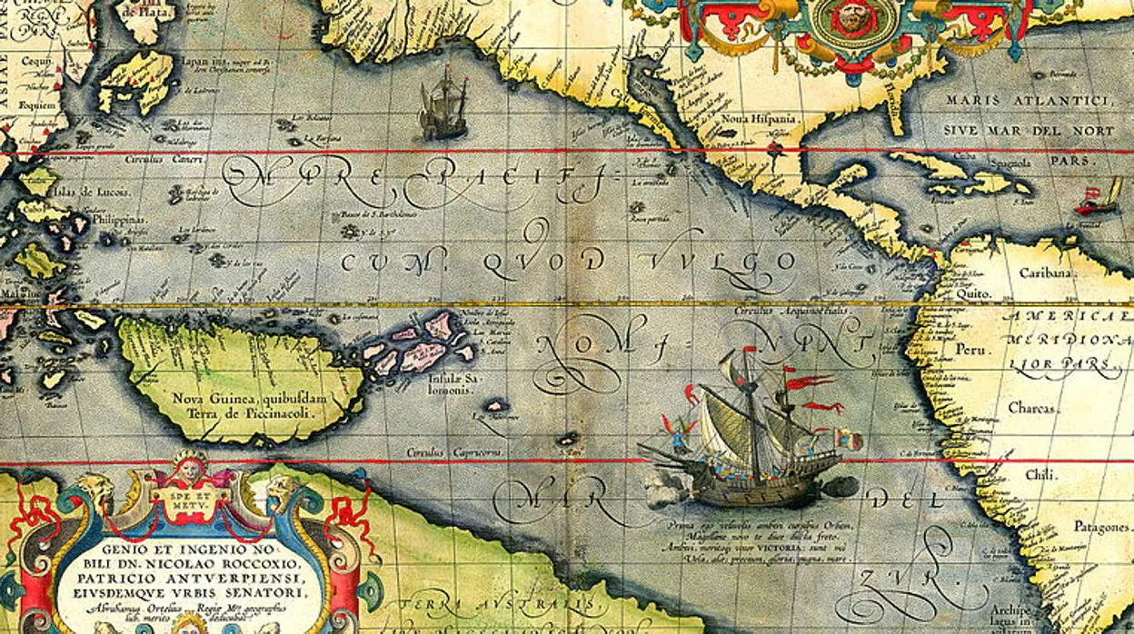 La Nao Victoria en un mapa del Océano Pacífico de 1589