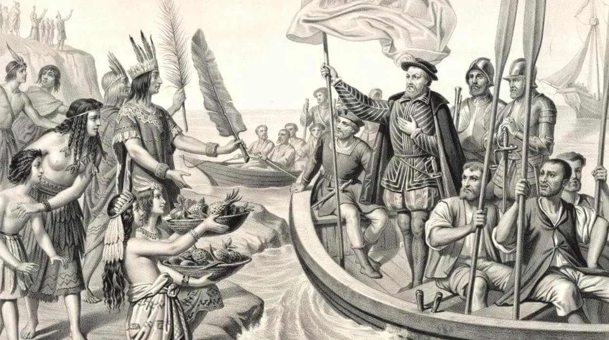 Grabado que muestra la llegada de Cortés a Tenochtitlan