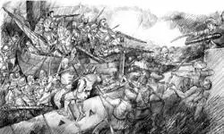 Ilustración de Cervantes en el esquife obra de Ricardo Sánchez