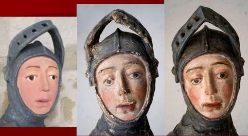 El rostro del San Jorge repintado, limpio y restaurado
