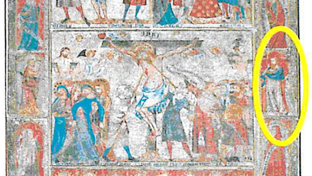 El profeta Ezequiel, a la derecha de la crucifixión en la pintura mural gótica del refectorio de la catedral de Pamplona