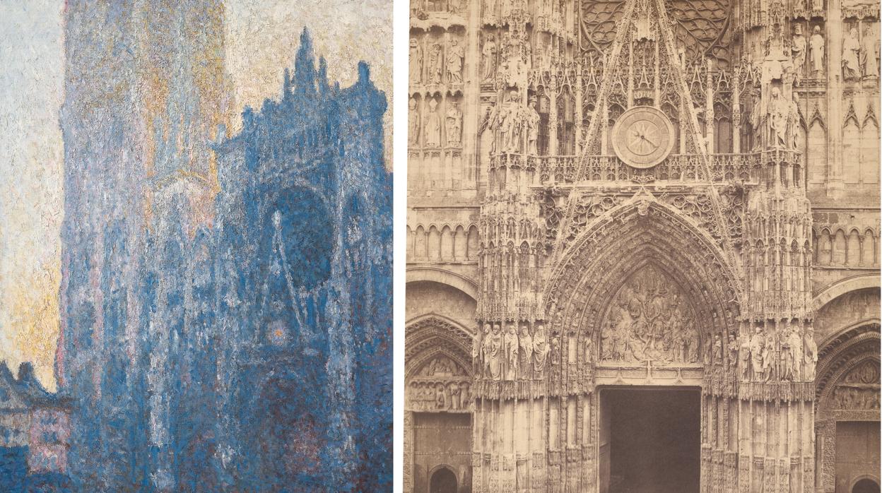 A la izquierda, «Catedral de Ruán: el pórtico (efecto de mañana)», 1894, de Monet. A la derecha, catedral de Ruán, fachada, h. 1850. Bisson Fréres