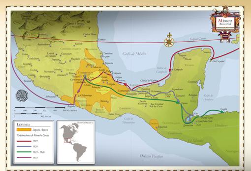 Mapa de México y curso de la expedición de Cortés