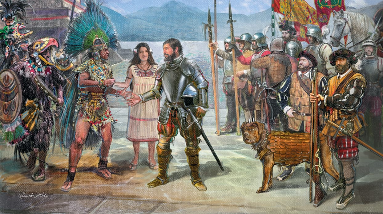 Recreación del encuentro de Moctezuma y Cortés