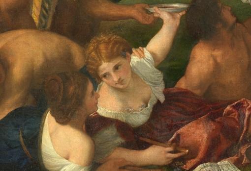 Detalle de «La bacanal de los andrios», de Tiziano. La figura central lleva violetas en el escote y sobre su oreja