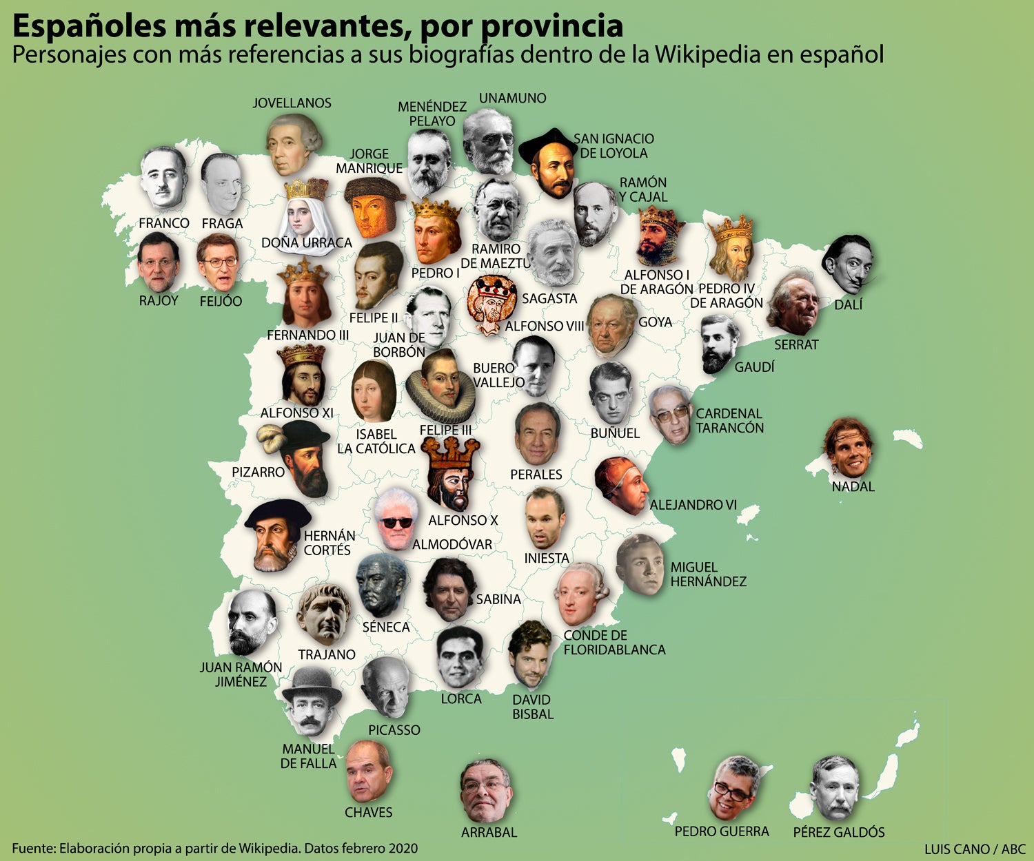 El mapa de los españoles más relevantes de la historia, provincia a provincia