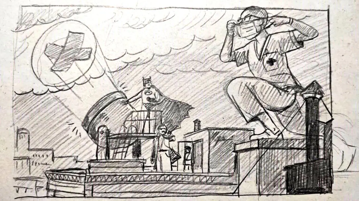 El boceto de Paco Roca para el proyecto «Los héroes siempre vuelven» muestra la activación de la bat-señal que alerta al superhéroe y un «anónimo» sanitario con mascarilla